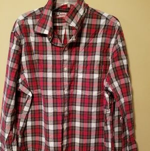 Men's red button down shirt.